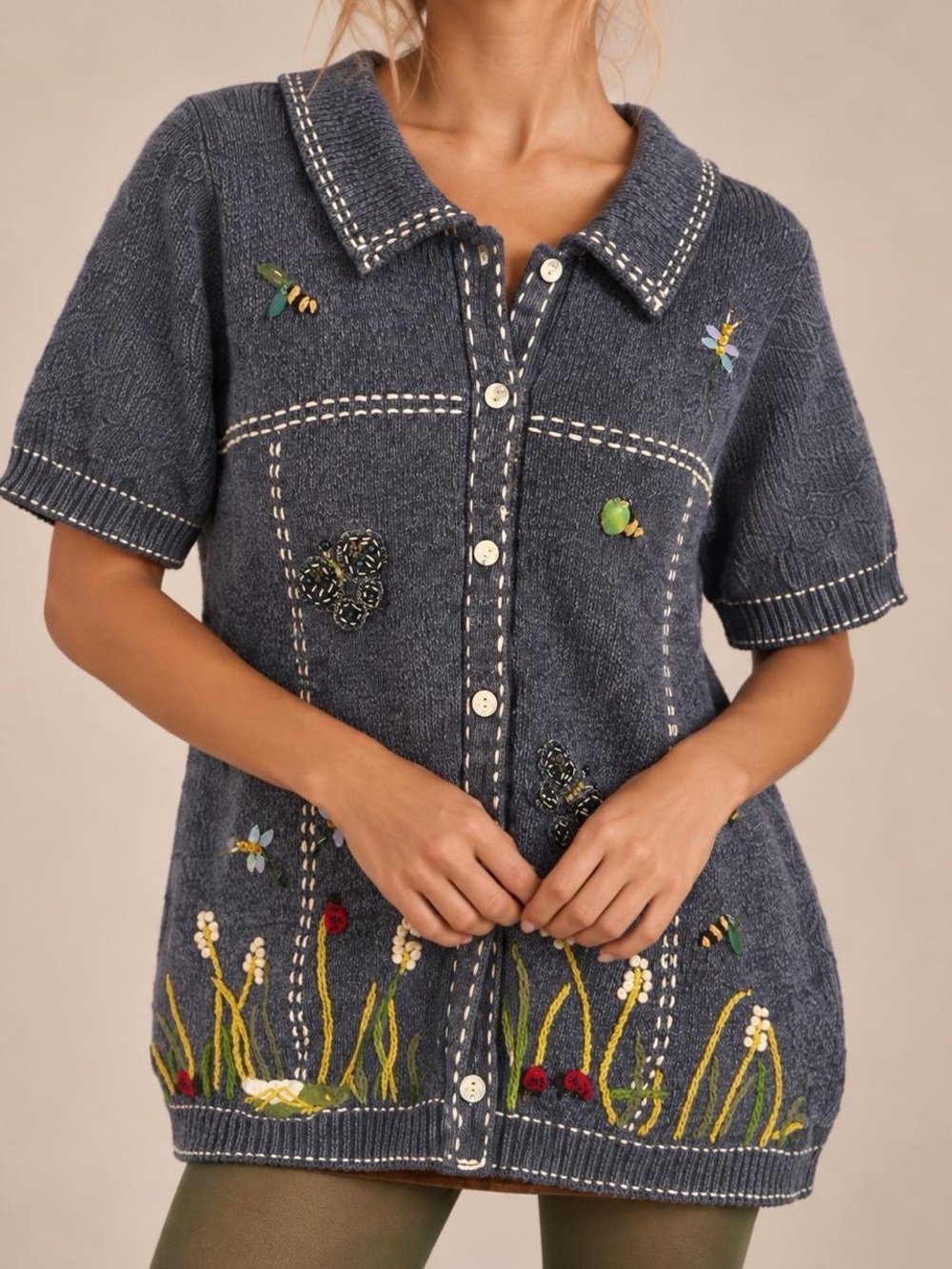 Vintage cottage core embroidered knit sweater